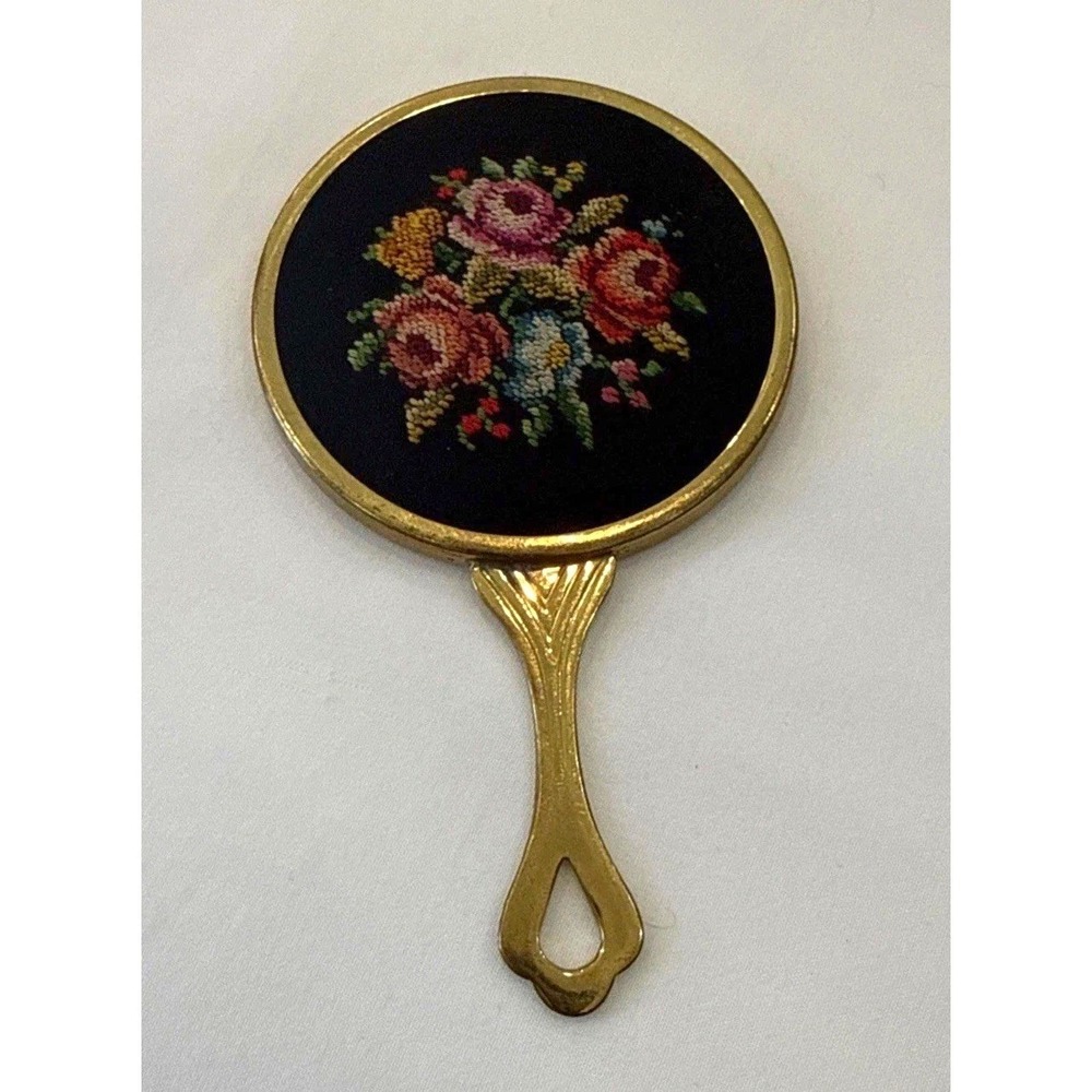 Vintage Hand Held Compact Pocket Mirror Embroidery Roses Floral Tapestry 2.5x4.5